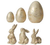 DN DECONATION Lot de 6 décorations de Pâques avec 3 lapins et 3 œufs de Pâques gigognes, petites figurines de lapin de Pâques dorées, décoration de table de printemps, statues d'œufs de lapin