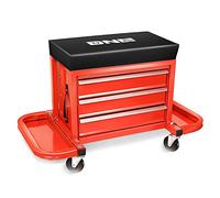 DNA Motoring TOOLS-00261 3-Drawer Tool Chest Rolling Mechanic Seat with Tool Trays,350lbs Max Weight Capacity,Red