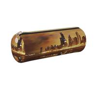 DNBCLEZK Chicago City Trousse à crayons ronde en cuir de qualité supérieure avec fermeture éclair lisse et tirette en métal durable pour l'école et le bureau, doré, Taille unique