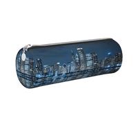 DNBCLEZK Chicago - Trousse à crayons ronde en cuir réfléchissant de qualité supérieure, fermeture éclair lisse, tirette en métal durable, organiseur de papeterie avec impression complète pour l'école