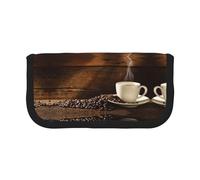DNBCLEZK Grande trousse à crayons en toile avec motif tasse à café et grains de café avec bordure noire, organiseur de trousse de maquillage multifonction, double fermeture éclair (19 x 9 x 5 cm)