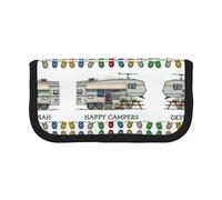 DNBCLEZK Happy Camper Trousse à crayons en toile de grande capacité avec imprimé complet et bordure noire, organiseur de trousse de maquillage multifonction, double fermeture éclair (19 x 9 x 5 cm)