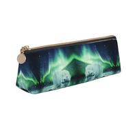DNBCLEZK Northern Lights Trousse à crayons triangulaire en cuir avec fermeture éclair lisse et tirette en métal durable Motif ours aurores boréales
