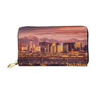 DNBCLEZK Portefeuille long en cuir avec dragonne et impression double face Motif coucher de soleil de Las Vegas Grande capacité avec 12 emplacements pour cartes, poche zippée pour pièces de monnaie et