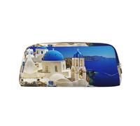 DNBCLEZK Santorini Trousse à crayons personnalisable en cuir avec fermeture éclair Motif île grecque et la mer Motif personnalisé, doré, Taille unique