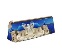 DNBCLEZK Santorini Trousse à crayons triangulaire en cuir avec fermeture éclair lisse et tirette en métal durable Motif île grecque vue sur la mer