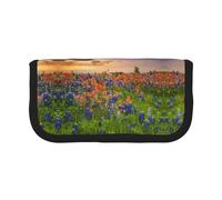 DNBCLEZK Texas Bluebonnets Grande trousse à crayons en toile avec bordure noire imprimée complète, organiseur de trousse de maquillage multifonction, double fermeture éclair (19 x 9 x 5 cm)