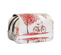 DNBCLEZK Trousse à crayons à rabat double couche pour la Saint-Valentin Motif arbre de vélo Rouge Cœur Cycle Grande capacité 50 stylos Support de papeterie en polyester durable pour l'école, les