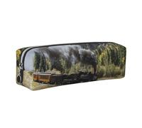 DNBCLEZK Trousse à crayons en cuir avec motif train de locomotive à vapeur, fermeture éclair lisse, tirette en métal durable, organiseur de papeterie imprimé complet pour l'école et le bureau, Argenté
