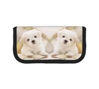 DNBCLEZK Trousse à crayons en toile de grande capacité avec imprimé chiot maltais et bordure noire, organiseur de trousse de maquillage multifonction, double fermeture éclair (19 x 9 x 5 cm)