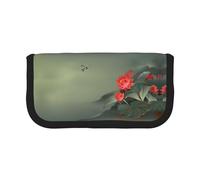 DNBCLEZK Trousse à crayons en toile de grande capacité avec motif de fleur de lotus et libellule avec bordure noire, organiseur de trousse de maquillage multifonction, double fermeture éclair (19 x 9