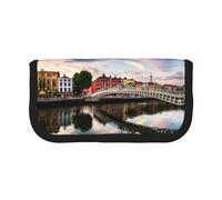 DNBCLEZK Trousse à crayons en toile de grande capacité avec motif pont, coucher de soleil et rivière, bordure noire, organiseur de trousse de maquillage multifonction, double fermeture éclair (19 x 9