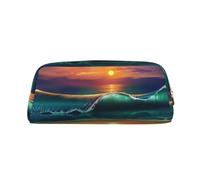 DNBCLEZK Trousse à crayons personnalisable en cuir avec fermeture éclair, motif imprimé coucher de soleil et de mer (motif personnalisé), doré, Taille unique