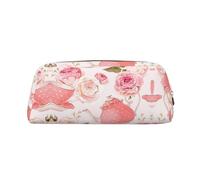 DNBCLEZK Trousse à crayons personnalisable en cuir avec tasses à thé avec roses style shabby romantique avec fermeture éclair, motif imprimé complet pour l'école et le bureau (motif personnalisé