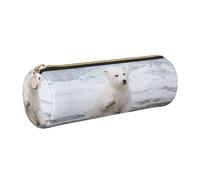 DNBCLEZK Trousse à crayons ronde en cuir avec fermeture éclair lisse et tirette en métal durable, motif ours polaire, organiseur de papeterie pour l'école et le bureau, doré, Taille unique