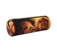 DNBCLEZK Trousse à crayons ronde en cuir avec fermeture éclair lisse et tirette en métal durable Motif lion jaune, doré, Taille unique