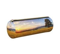 DNBCLEZK Trousse à crayons ronde en cuir avec fermeture éclair lisse et tirette en métal durable - Motif paysage d'herbe dorée - Organiseur de papeterie pour l'école et le bureau, doré, Taille unique
