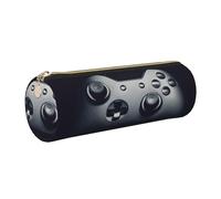 DNBCLEZK Trousse à crayons ronde en cuir avec motif de manette de jeu, fermeture éclair lisse, tirette en métal durable, organiseur de papeterie imprimé complet pour l'école et le bureau, doré, Taille
