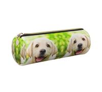 DNBCLEZK Trousse à crayons ronde en cuir avec motif labrador et chiot drôle, fermeture éclair lisse, tirette en métal durable, organiseur de papeterie imprimé complet pour l'école et le bureau, doré