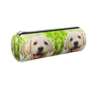 DNBCLEZK Trousse à crayons ronde en cuir avec motif labrador et chiot drôle, fermeture éclair lisse, tirette en métal durable, organiseur de papeterie imprimé complet pour l'école et le bureau