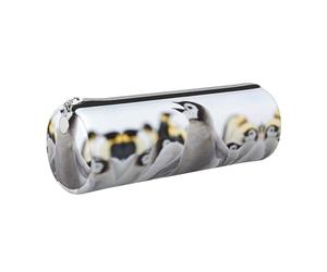 DNBCLEZK Trousse à crayons ronde en cuir avec motif pingouin mignon - Fermeture éclair lisse - Tirette en métal durable - Imprimé complet - Pour l'école et le bureau, Argenté., Taille unique