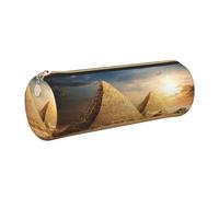 DNBCLEZK Trousse à crayons ronde en cuir avec motif pyramide égyptienne dans le désert, fermeture éclair lisse de qualité supérieure, tirette en métal durable, organiseur de papeterie imprimé complet