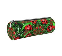 DNBCLEZK Trousse à crayons ronde en cuir de qualité supérieure avec fermeture éclair lisse et tirette en métal durable, motif coccinelle rouge, organiseur de papeterie pour l'école et le bureau