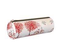 DNBCLEZK Trousse à crayons ronde en cuir de qualité supérieure avec fermeture éclair lisse et tirette en métal durable pour la Saint-Valentin, motif arbre de vélo, cœur rouge, organiseur de papeterie