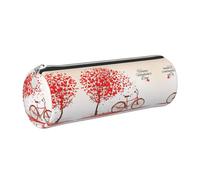 DNBCLEZK Trousse à crayons ronde en cuir de qualité supérieure avec fermeture éclair lisse et tirette en métal durable pour la Saint-Valentin, motif arbre de vélo, cœur rouge, organiseur de papeterie