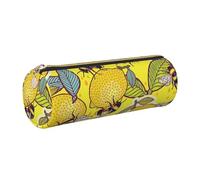 DNBCLEZK Trousse à crayons ronde en cuir jaune citron et abeille, fermeture éclair lisse de qualité supérieure, tirette en métal durable, organiseur de papeterie de designer imprimé complet pour