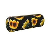 DNBCLEZK Trousse à crayons ronde en cuir noir et jaune de qualité supérieure avec fermeture éclair lisse et tirette en métal durable, imprimé complet pour l'école, le bureau, doré, Taille unique