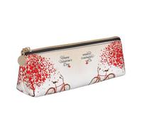 DNBCLEZK Trousse à crayons triangulaire en cuir avec motif d'arbre de vélo rouge et cœur de la Saint-Valentin - Fermeture éclair lisse - Tirette en métal durable - Organiseur de papeterie imprimé