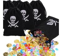 Dncvb 186 pièces de trésor de pirates, 6 sacs de trésor de pirates avec cordon + 60 pièces d'or pour enfants + 120 pierres précieuses de pirates, petits cadeaux pour fête de pirates, décoration de