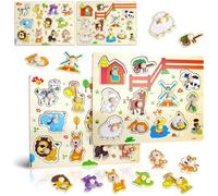 Dncvb 2 Puzzles en Bois à Bouton, Puzzle Enfant 1 2 3 Ans Animaux, Puzzle en Bois Bébé, Jouet Éducatif Montessori, Garçons Filles Cadeau Anniversaire