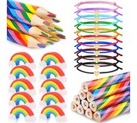 Dncvb 30 PCS Set Crayons Arc-en-Ciel,10 Crayons de Couleur Arc-en-Ciel,10 Gommes Arc-en-Ciel,10 Bracelets en Corde de Cœur Réglables,Crayons de Couleur Arc-en-ciel Jumbo pour Dessin,Coloriage,Croquis