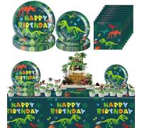 Dncvb Decoration Anniversaire Dinosaure, Vaisselle Anniversaire Dinosaure, Dino Vaisselle de Fête avec avec Serviettes, Assiettes en Papier, Nappe, Décoration de Gâteau
