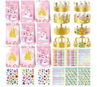 Dncvb Princesse Party Lot de 12 chapeaux de fête en papier, 6 feuilles d'autocollants strass et 6 feuilles d'autocollants alphanumériques, 12 sacs en papier pour fête de princesse
