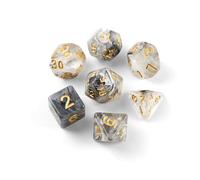 DND Dice Lot de 7 dés polyédriques à paillettes pour MTG Donjons & Dragons RPG MTG DND D&D D20 D12 D10 D8 D6 D4 (noir et blanc avec inscription dorée)