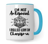 DnD Roleplay Tasse I'm not Antisocial - I rolled low on Charisma - Cadeau de jeu de rôle avec inscription en allemand D20 Dice, stylo & Paper Tabletop D20 dés Motif tasse à café Idée cadeau (blanc et