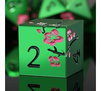DNDND - Lot de 7 dés D&D en métal vert mat, lourds, avec étui cadeau gros, pour jeu de table Donjons et dragons (vert mat avec fleur rose)