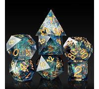 DNDND - Lot de 7 dés Donjons et Dragons, faits à la main, avec étui cadeau pour Donjons et Dragons, cyan foncé avec numéro doré)