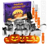 DNGH Kit Sculpture Citrouille Pumpkin Carving Kit Citrouille Halloween avec 4 Couteau à Découper la Citrouille, 10 Gabarits de Découpe en INOX, 4 Modèles, 1 Marteau