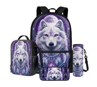 Dngkaoje Ensemble cartable 4 en 1 pour enfants, filles et garçons avec boîte à déjeuner, trousse à crayons, pochette pour bouteille d'eau, Attrape-rêves loup violet