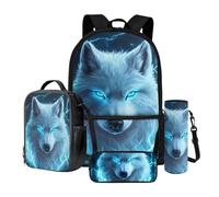 Dngkaoje Ensemble cartable 4 en 1 pour enfants, filles et garçons avec boîte à déjeuner, trousse à crayons, pochette pour bouteille d'eau, Blue Eyes Wolf