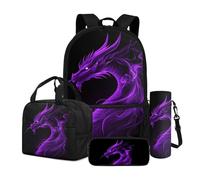 Dngkaoje Ensemble de 4 sacs à dos pour enfants avec sac à déjeuner isotherme, trousse à crayons, housse pour bouteille d'eau, Dragon abstrait violet