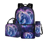 Dngkaoje Ensemble de 4 sacs à dos pour enfants avec sac à déjeuner isotherme, trousse à crayons, housse pour bouteille d'eau, Fleur Cheval Coeur