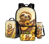 Dngkaoje Ensemble sac à dos d'école 4 en 1 pour enfants avec boîte à déjeuner isotherme, boîte à crayons, porte-bouteille d'eau, cadeau pour adolescents, garçons et filles, Paresseux tournesol.