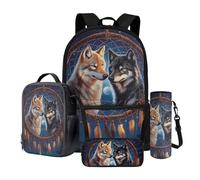 Dngkaoje Ensemble sac à dos d'école 4 en 1 pour enfants avec boîte à déjeuner isotherme, boîte à crayons, porte-bouteille d'eau, cadeau pour adolescents, garçons et filles, Attrape-rêves Loup
