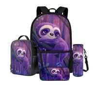 Dngkaoje Ensemble sac à dos d'école 4 en 1 pour enfants avec boîte à déjeuner isotherme, boîte à crayons, porte-bouteille d'eau, cadeau pour adolescents, garçons et filles, Paresseux violet mignon