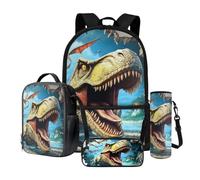 Dngkaoje Ensemble sac à dos d'école 4 en 1 pour enfants avec boîte à déjeuner isotherme, boîte à crayons, porte-bouteille d'eau, cadeau pour adolescents, garçons et filles, Dinosaures Cool